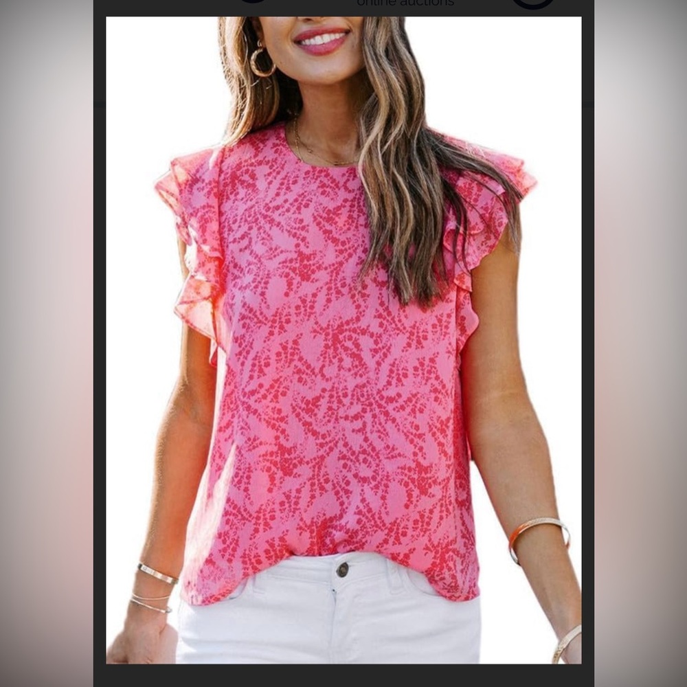 New Floral Crewneck Ruffle Cap Sleeves Blouse Size Small